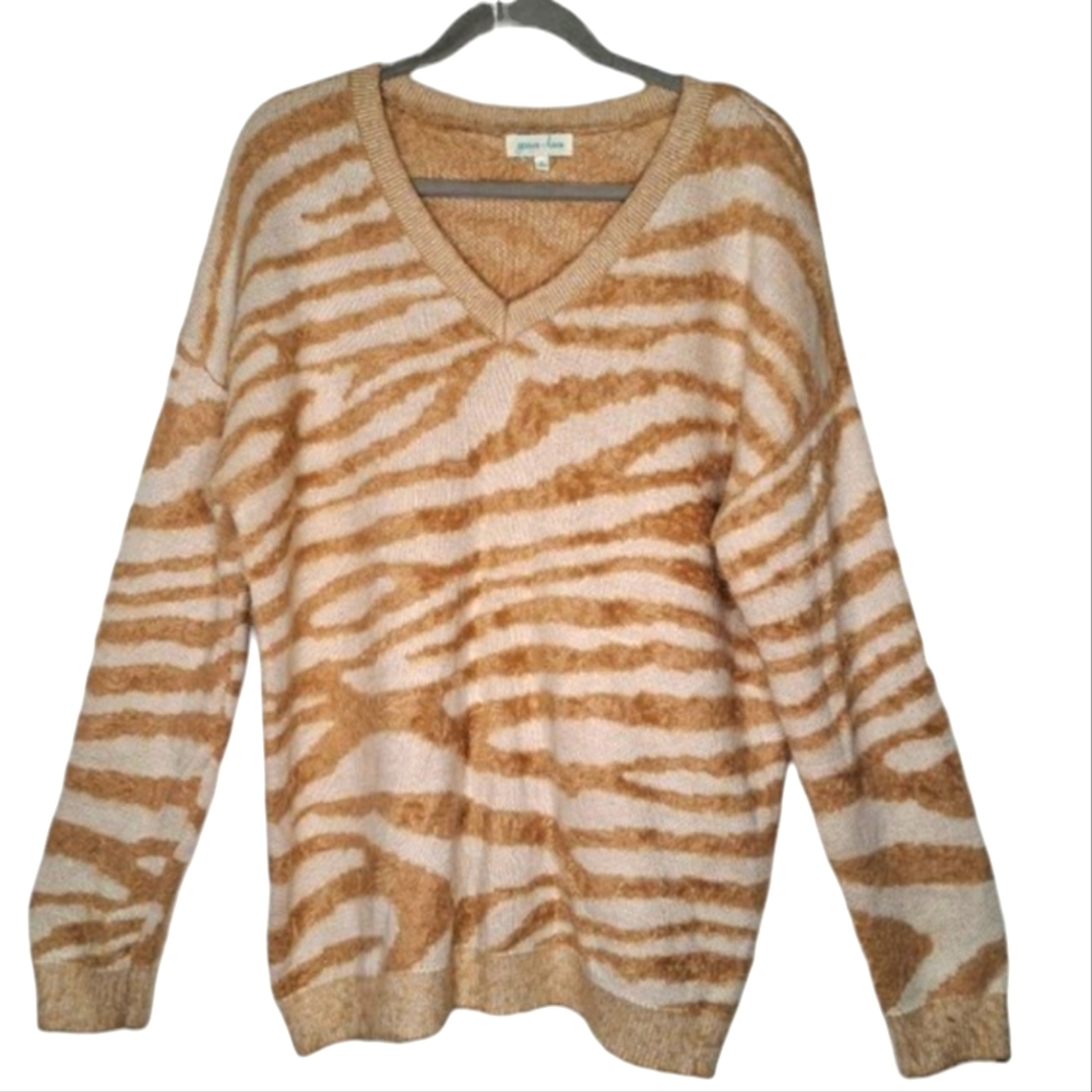 Grace & Lace Safari Tan Cream Zebra Stripes Animal Print Fuzzy Sweater Size XL